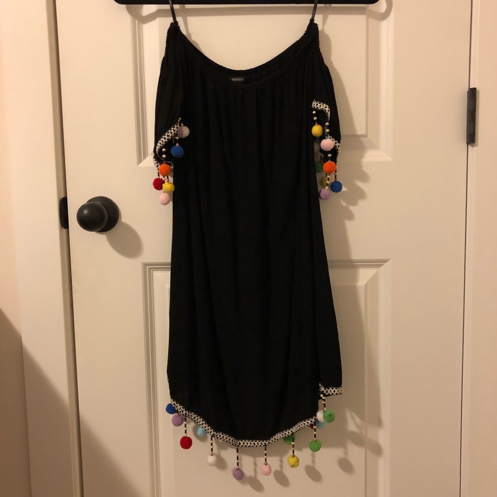 Black Off Shoulder Pom Pom Dress